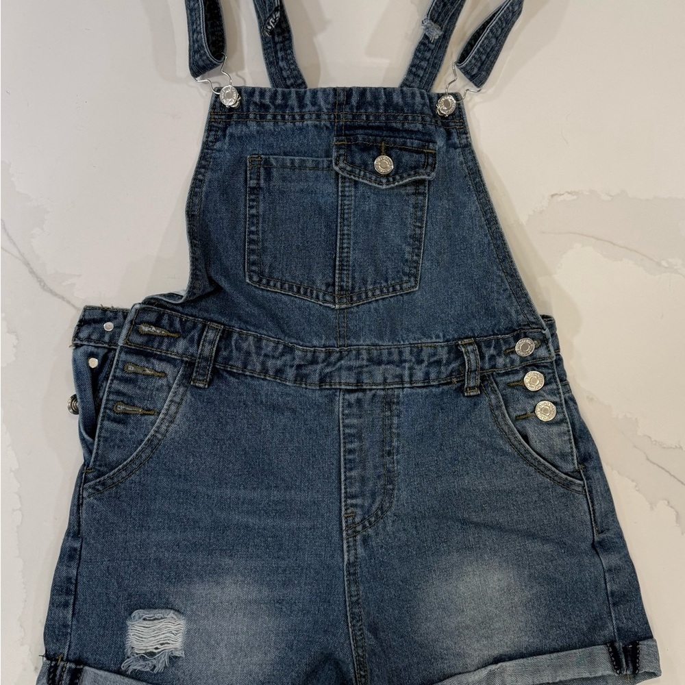Denim Overall Shorts with Distressed Detail